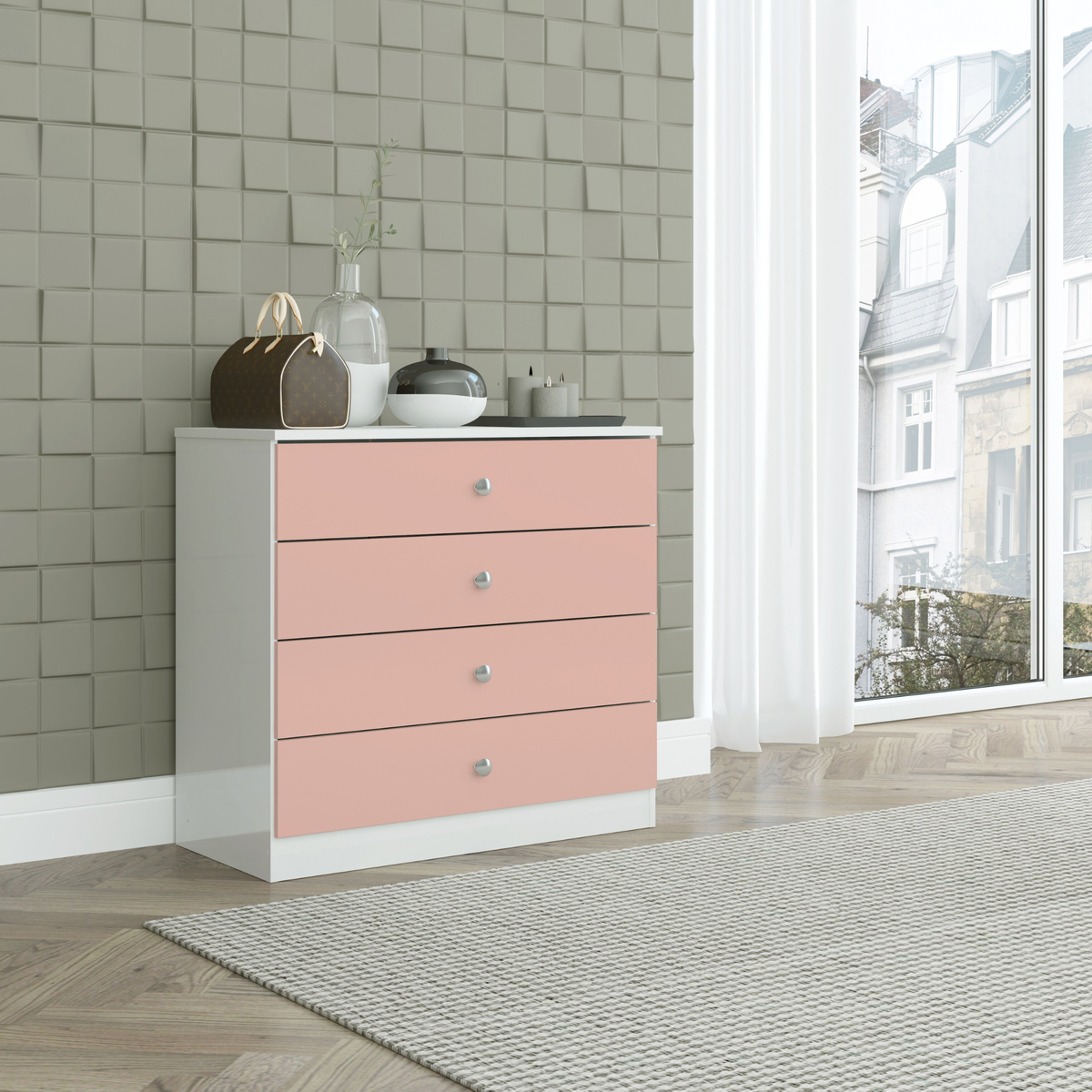 Denver 4 Drawer Chest – White/Pink Gloss, Stylish Bedroom Storage