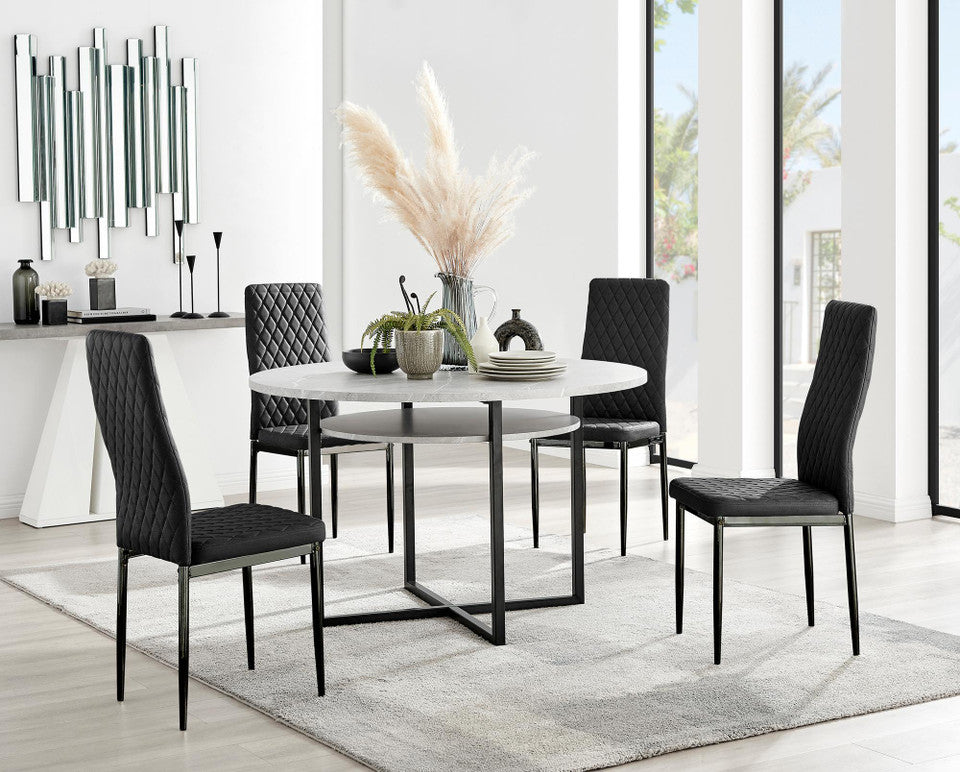 Adley Grey Concrete Effect Storage Dining Table & 4 Velvet Milan Black Leg Chairs