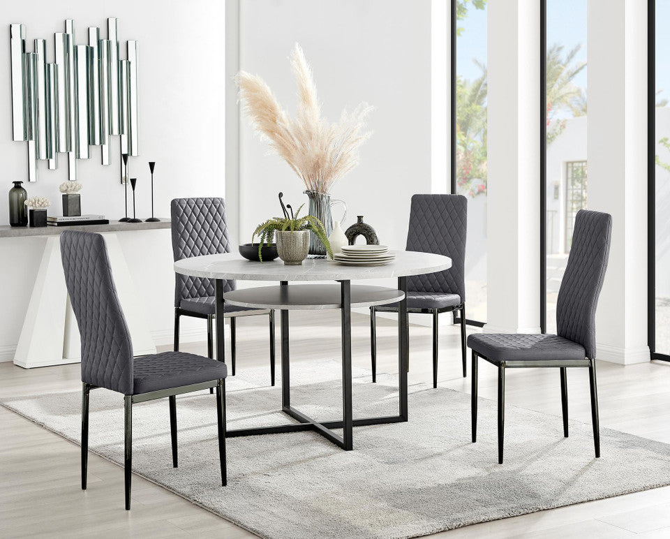 Adley Grey Concrete Effect Storage Dining Table & 4 Velvet Milan Black Leg Chairs