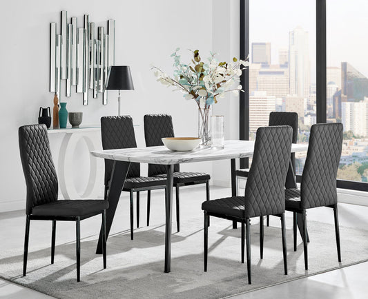 Andria Black Leg Marble Effect Dining Table and 6 Milan Black Leg Chairs