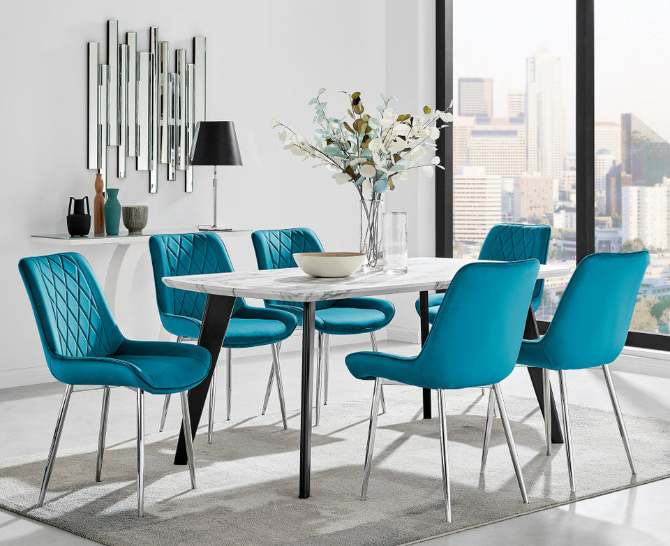 Andria Black Leg Marble Effect Dining Table and 6 Pesaro Silver Leg Chairs