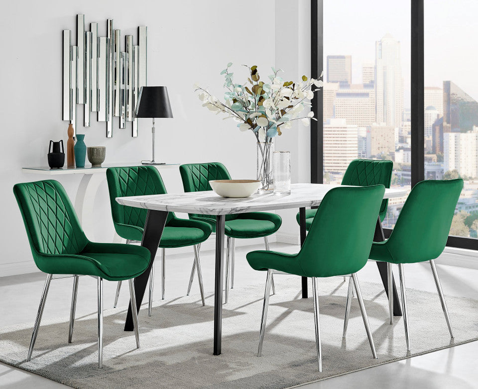 Andria Black Leg Marble Effect Dining Table and 6 Pesaro Silver Leg Chairs