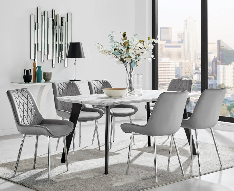 Andria Black Leg Marble Effect Dining Table and 6 Pesaro Silver Leg Chairs