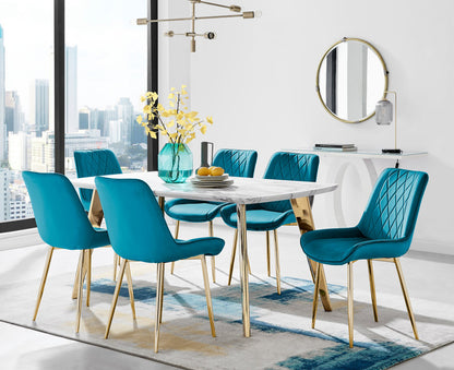 Andria Gold Leg Marble Effect Dining Table and 6 Pesaro Gold Leg Chairs