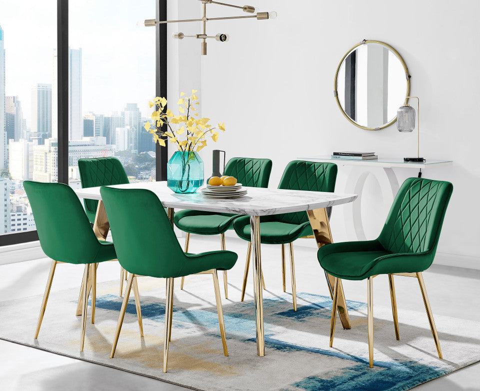 Andria Gold Leg Marble Effect Dining Table and 6 Pesaro Gold Leg Chairs