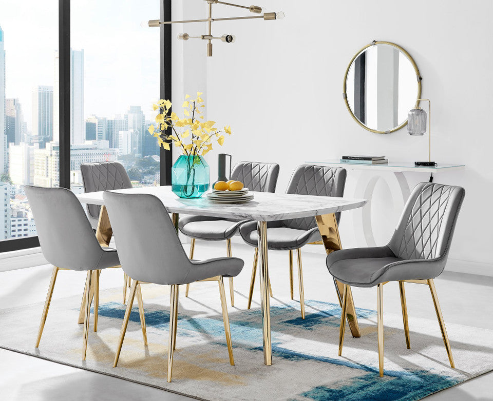 Andria Gold Leg Marble Effect Dining Table and 6 Pesaro Gold Leg Chairs