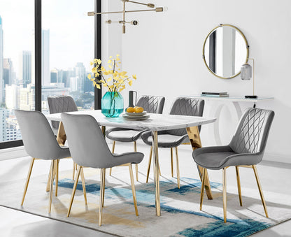 Andria Gold Leg Marble Effect Dining Table and 6 Pesaro Gold Leg Chairs