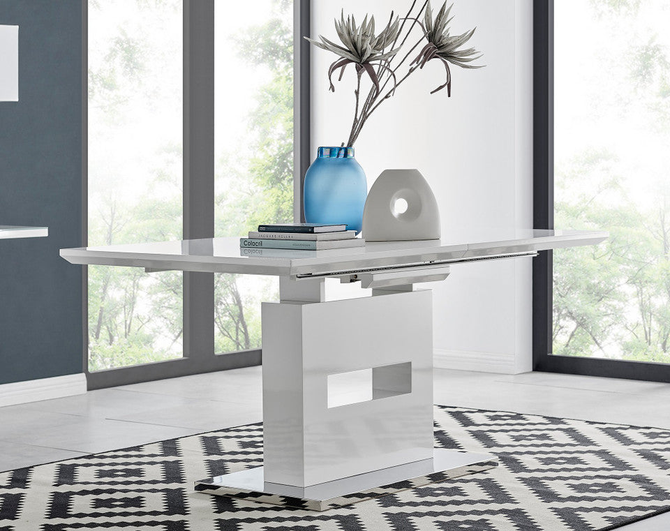 Arezzo White High Gloss Extending Dining Table & 8 Milan Gold Leg Chairs