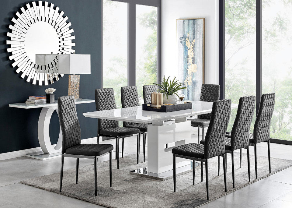 Arezzo Large Extending Dining Table and 8 Velvet Milan Black Leg Chairs
