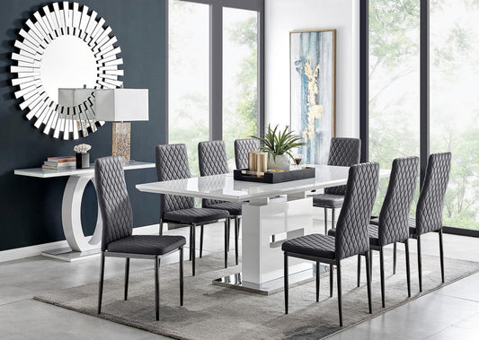 Arezzo Large Extending Dining Table and 8 Velvet Milan Black Leg Chairs