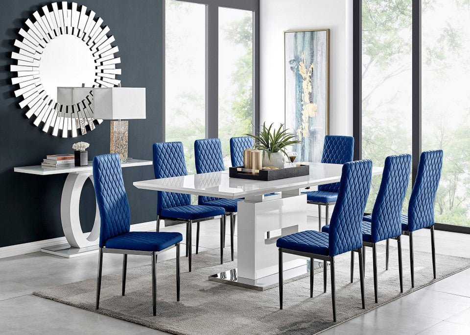 Arezzo Large Extending Dining Table and 8 Velvet Milan Black Leg Chairs