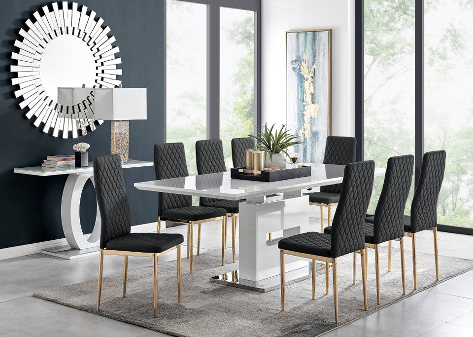 Arezzo White High Gloss Extending Dining Table & 8 Milan Gold Leg Chairs