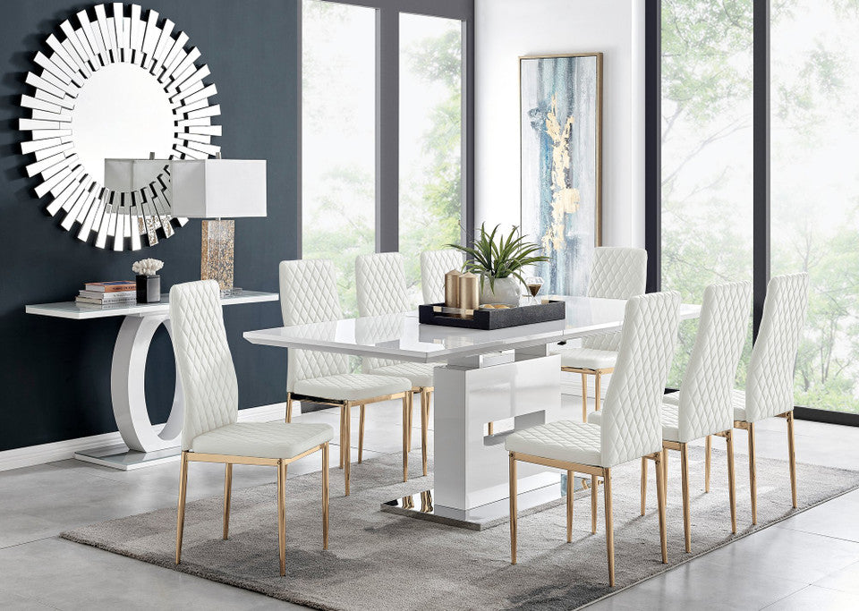 Arezzo White High Gloss Extending Dining Table & 8 Milan Gold Leg Chairs