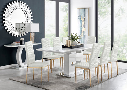 Arezzo White High Gloss Extending Dining Table & 8 Milan Gold Leg Chairs