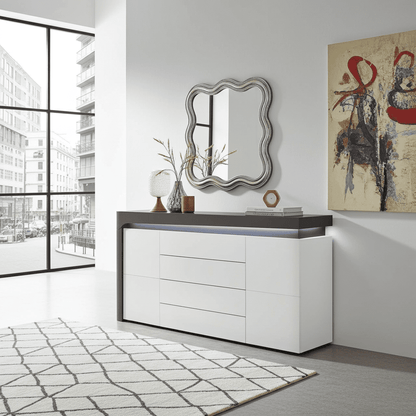 Athens Grey And White Gloss 2 Door / 4 Drawer Sideboard With Lights