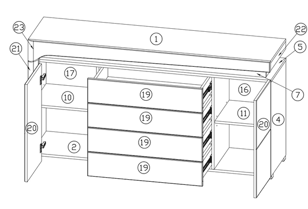 Athens Grey And White Gloss 2 Door / 4 Drawer Sideboard With Lights