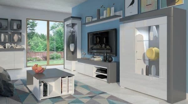 Athens Grey And White Gloss LEFT Display Cabinet with Glass Door and LED Lights