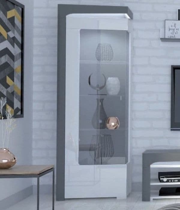 Athens Grey And White Gloss LEFT Display Cabinet with Glass Door and LED Lights