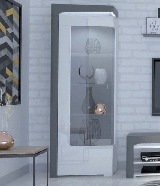 Athens Grey And White Gloss LEFT Display Cabinet with Glass Door and LED Lights