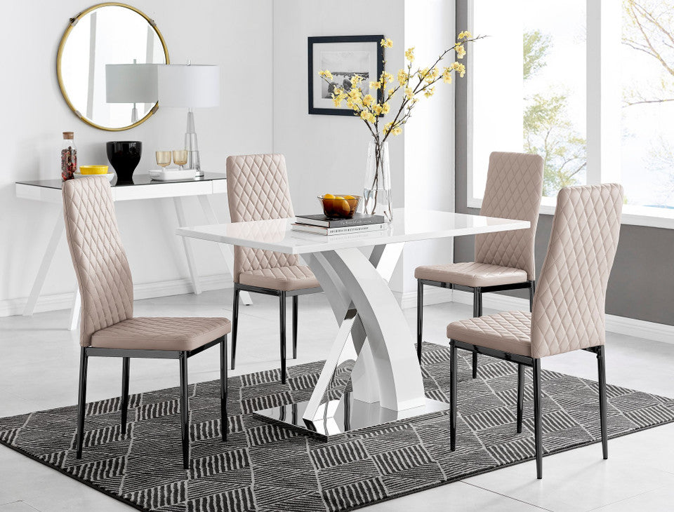 Atlanta 4 White Dining Table and 4 Milan Black Leg Chairs