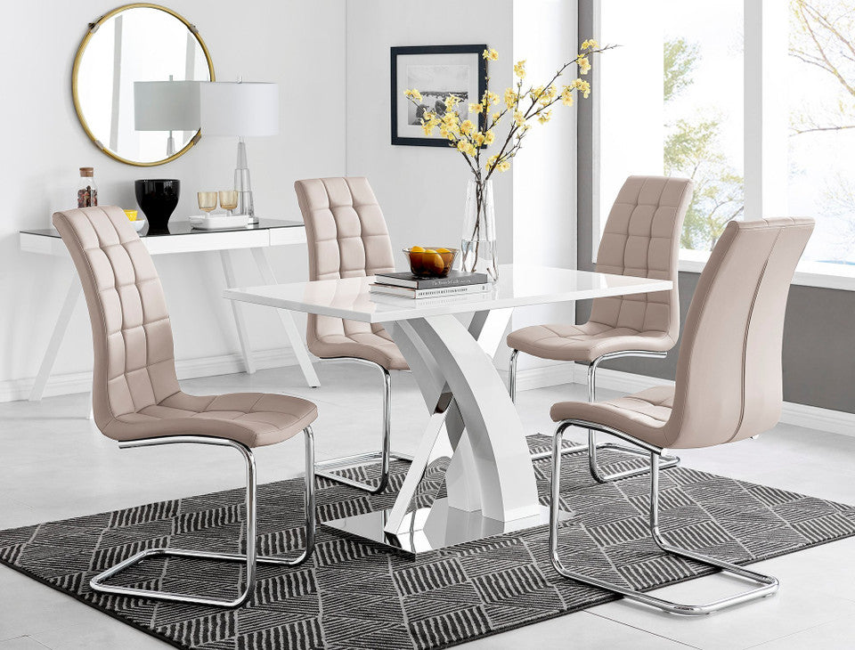 Atlanta White High Gloss And Chrome Metal Rectangle Dining Table And 4 Murano Dining Chairs Set