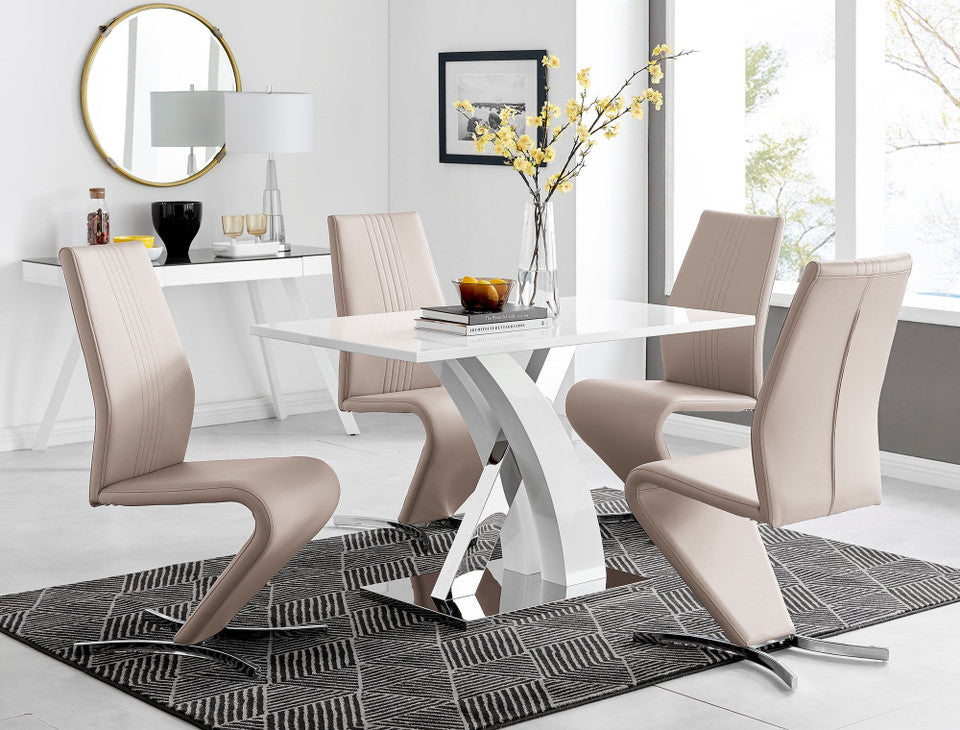Atlanta White High Gloss And Chrome Metal Rectangle Dining Table And 4 Willow Dining Chairs Set