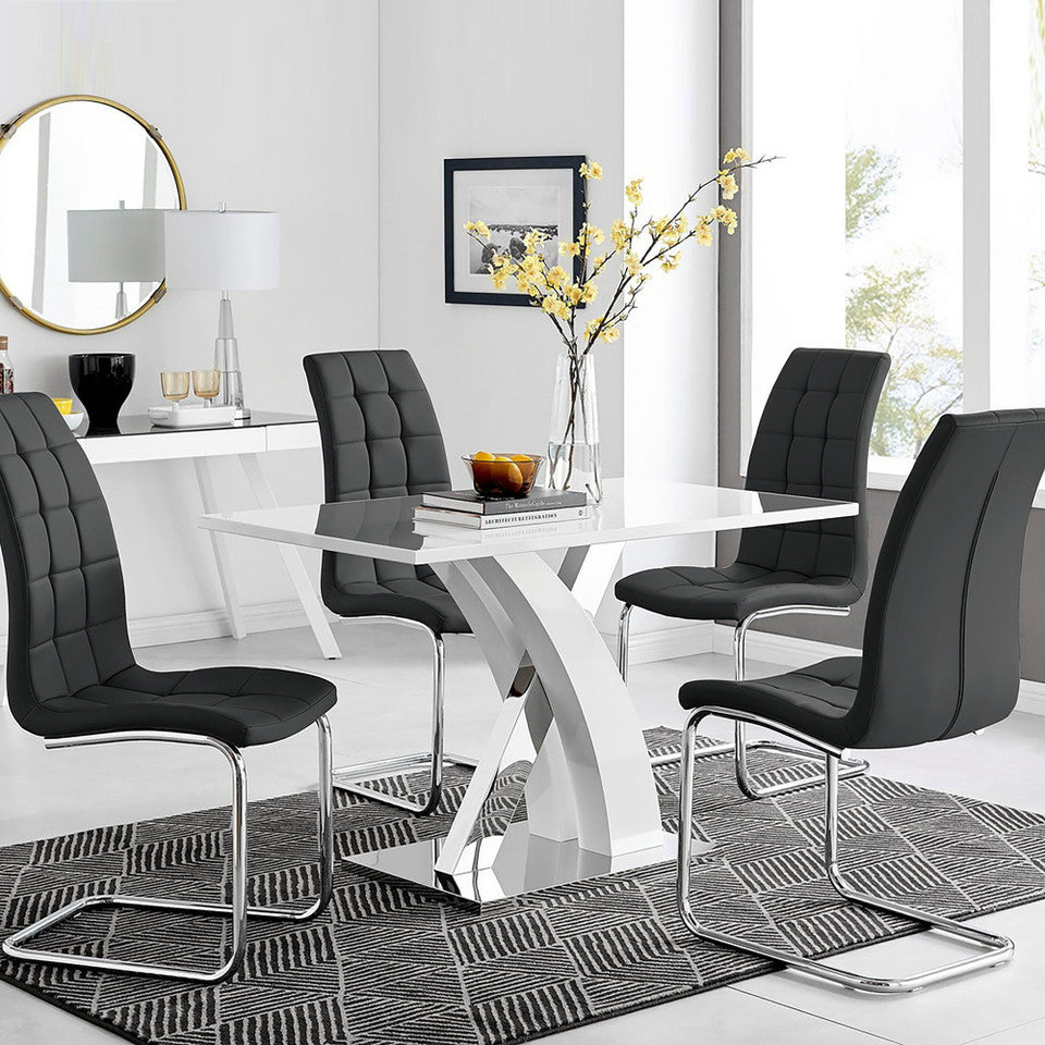 Atlanta White High Gloss And Chrome Metal Rectangle Dining Table And 4 Murano Dining Chairs Set
