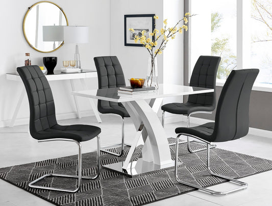 Atlanta White High Gloss And Chrome Metal Rectangle Dining Table And 4 Murano Dining Chairs Set