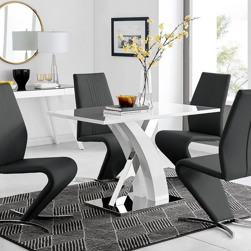Atlanta White High Gloss And Chrome Metal Rectangle Dining Table And 4 Willow Dining Chairs Set