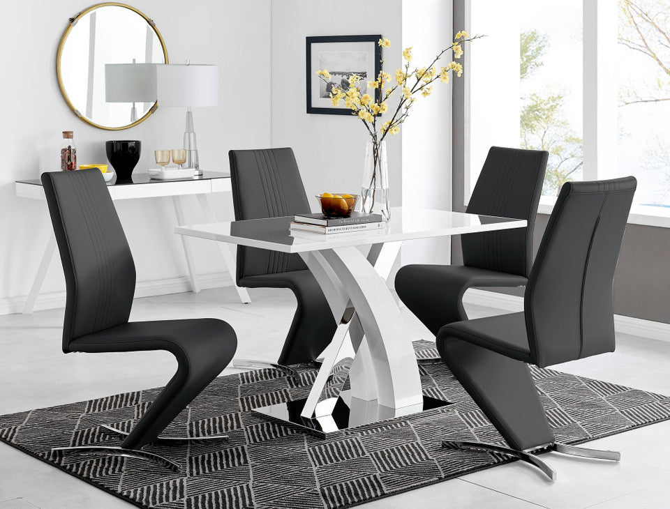 Atlanta White High Gloss And Chrome Metal Rectangle Dining Table And 4 Willow Dining Chairs Set
