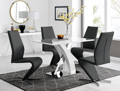 Atlanta White High Gloss And Chrome Metal Rectangle Dining Table And 4 Willow Dining Chairs Set