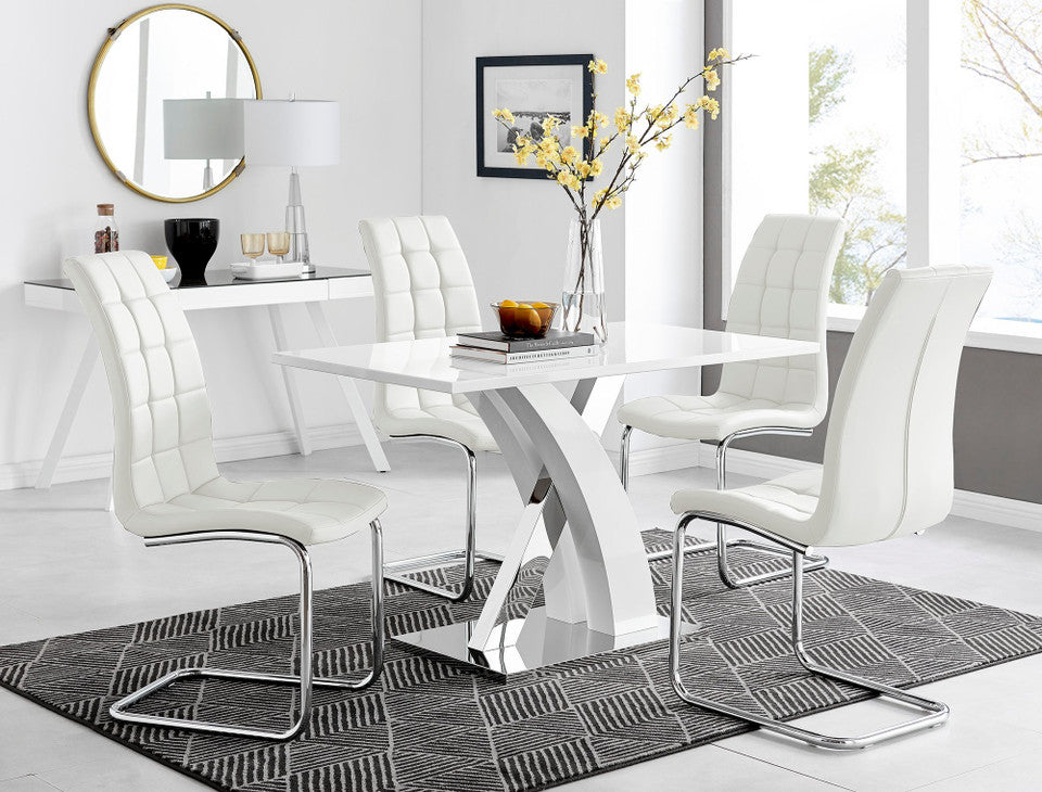 Atlanta White High Gloss And Chrome Metal Rectangle Dining Table And 4 Murano Dining Chairs Set