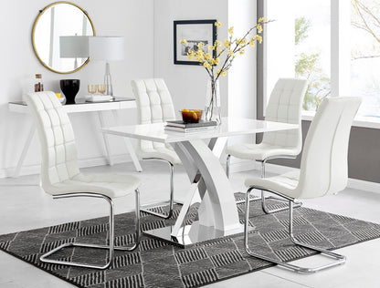 Atlanta White High Gloss And Chrome Metal Rectangle Dining Table And 4 Murano Dining Chairs Set