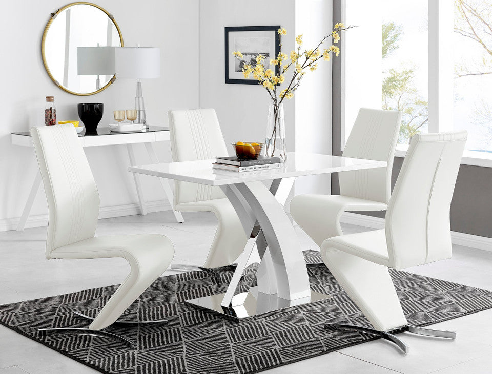 Atlanta White High Gloss And Chrome Metal Rectangle Dining Table And 4 Willow Dining Chairs Set