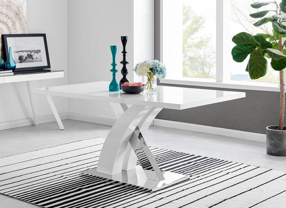 Atlanta Rectangular White High Gloss and Silver Metal 6 Seater Dining Table