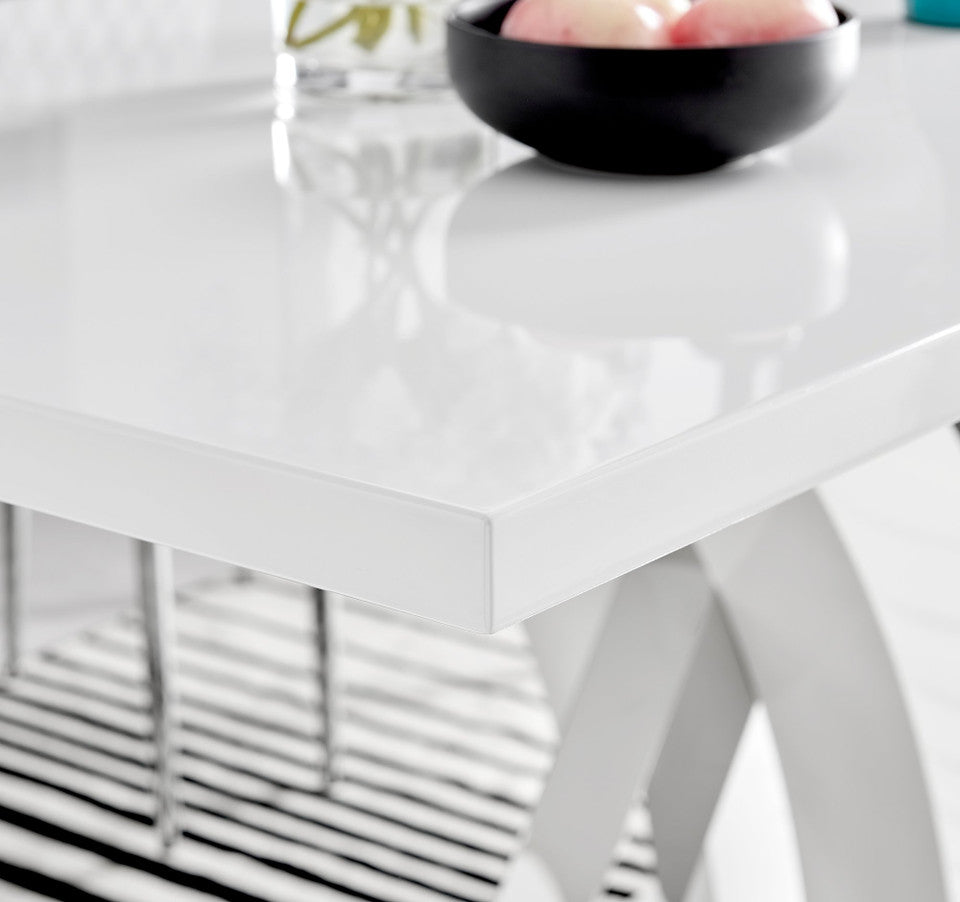 Atlanta Rectangular White High Gloss and Silver Metal 6 Seater Dining Table