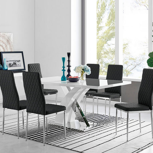 Atlanta Modern Rectangle Chrome Metal High Gloss White Dining Table And 6 Milan Chairs Set