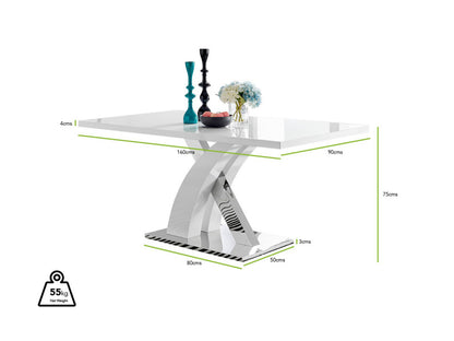 Atlanta Rectangular White High Gloss and Silver Metal 6 Seater Dining Table