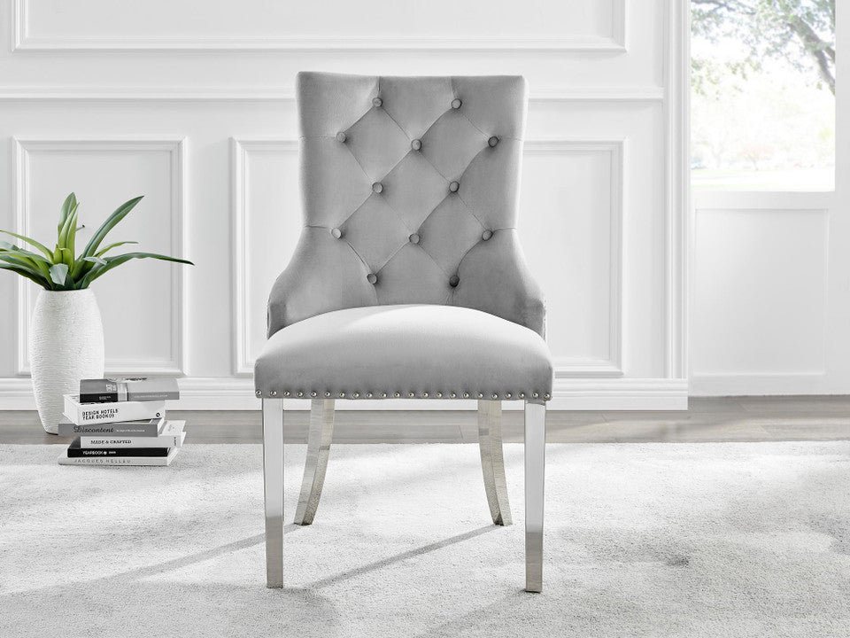 Skye Rectangular White Marble Effect Dining Table & 6 Grey Velvet Belgravia Chairs