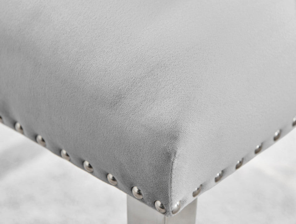 Skye Rectangular White Marble Effect Dining Table & 6 Grey Velvet Belgravia Chairs