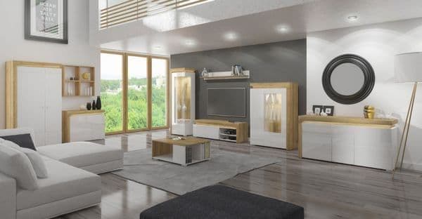 Cadillac Oak Effect And White Gloss Low Wide Display Cabinet with LED Lights