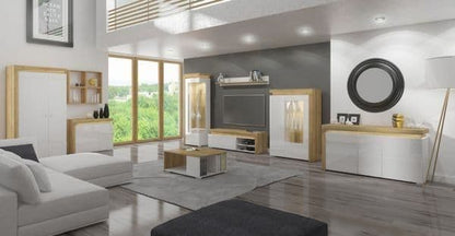 Cadillac Oak Effect And White Gloss Low Wide Display Cabinet with LED Lights