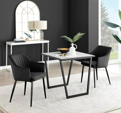 Carson White Marble Effect Square Dining Table & 2 Calla Black Leg Chairs
