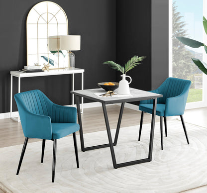 Carson White Marble Effect Square Dining Table & 2 Calla Black Leg Chairs
