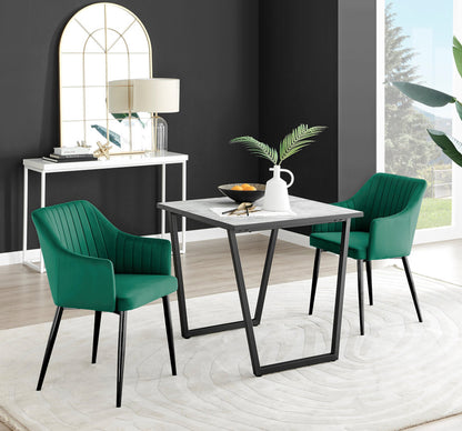 Carson White Marble Effect Square Dining Table & 2 Calla Black Leg Chairs