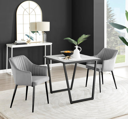 Carson White Marble Effect Square Dining Table & 2 Calla Black Leg Chairs
