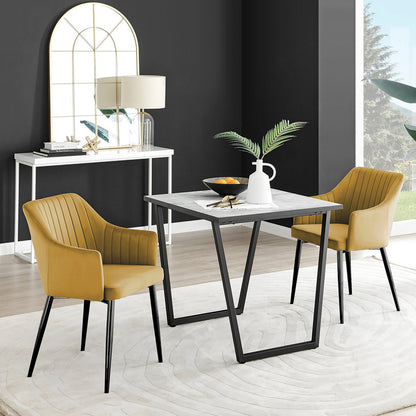 Carson White Marble Effect Square Dining Table & 2 Calla Black Leg Chairs