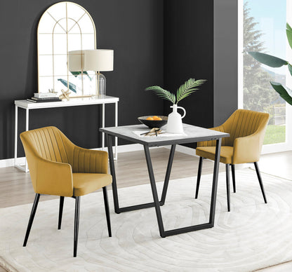 Carson White Marble Effect Square Dining Table & 2 Calla Black Leg Chairs
