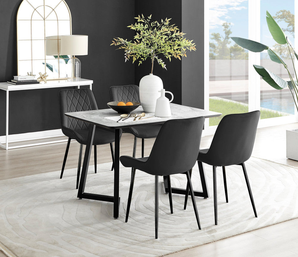Carson White Marble Effect Dining Table & 4 Pesaro Black Leg Chairs