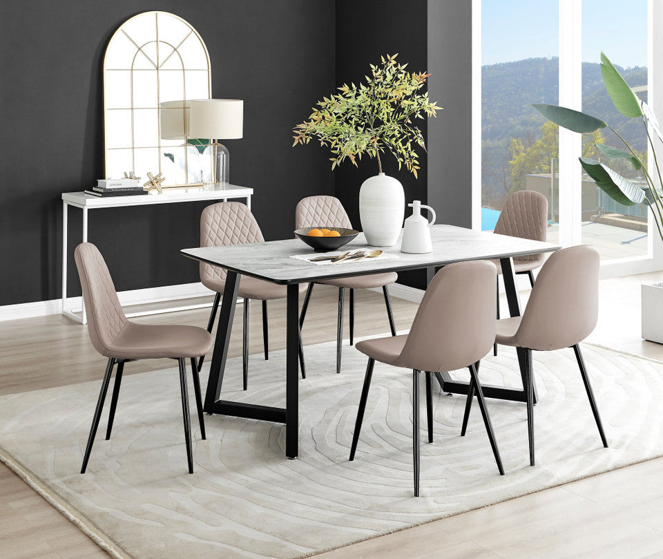 Carson White Marble Effect Dining Table & 6 Corona Black Leg Chairs